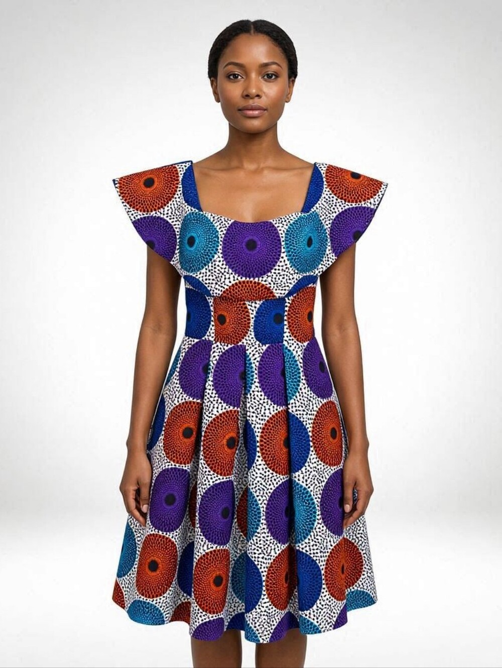 Women’s Handmade African Multicolor Midi Dress, Geometric Print, Caribana, Party